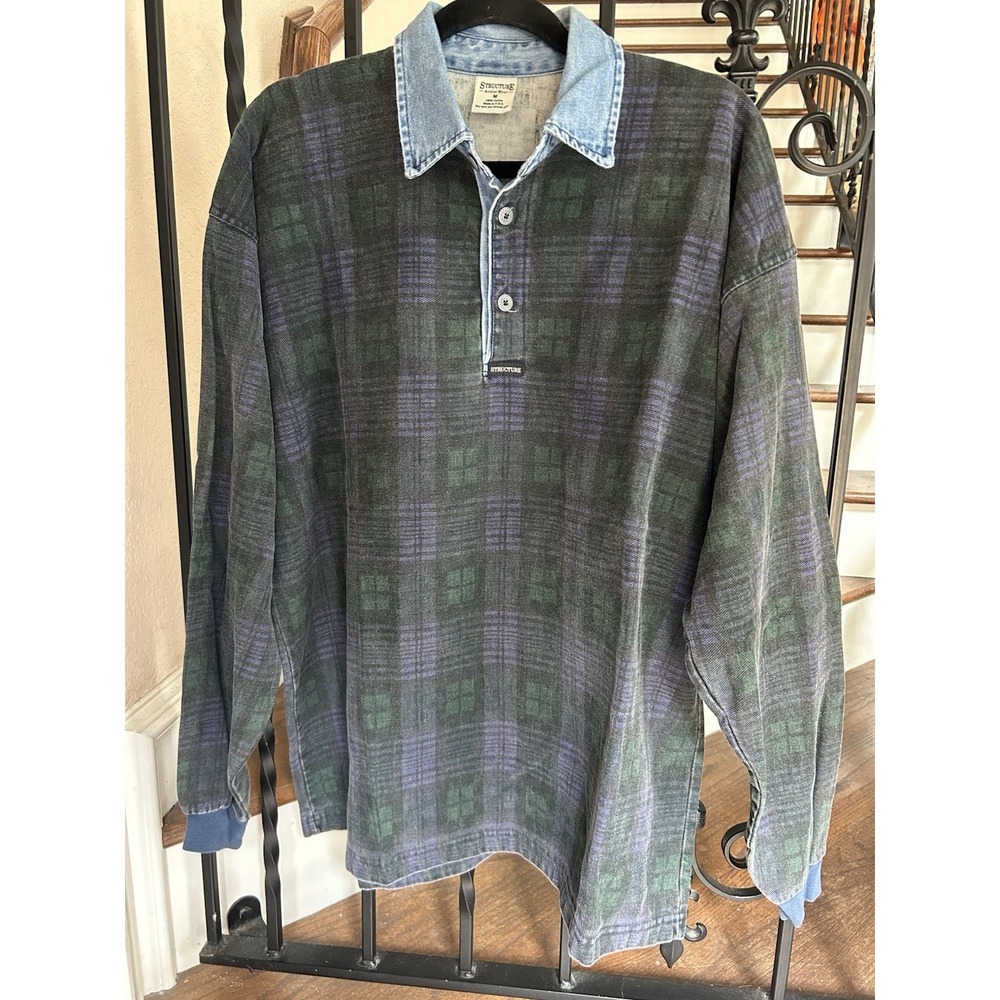 Men's Size Medium Structure Shirt Plaid Denim Trim Long Sleeves 90s Nostalgia
